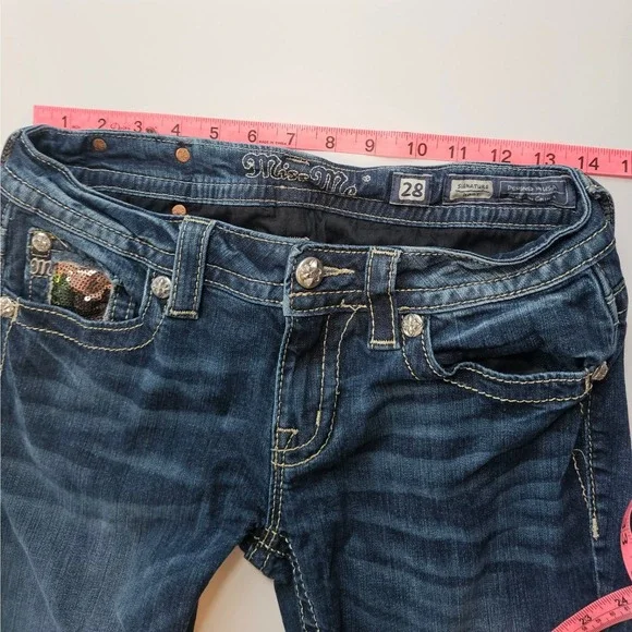 Miss Me Signature Boot Jeans Women 28 Blue Camo Sequin Embellished Dark Wash - Picture 9 of 9